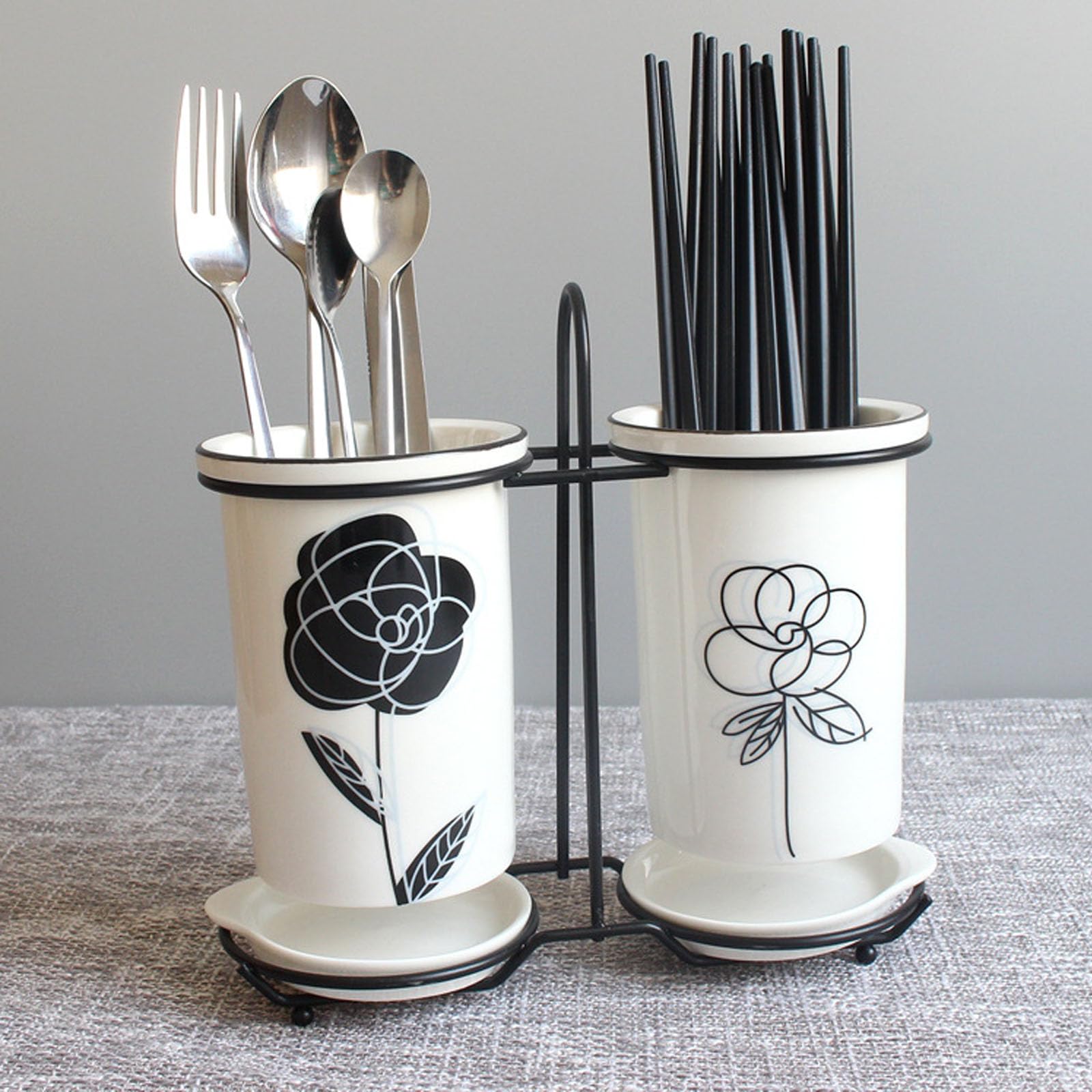 Agares Black 2Piece Ceramic Flatware Holder Silverware Caddy Utensil Holder With Metal Rack, Cutlery Organizer For Forks Spoons Knives, Spoon Fork Knife Holder For Kitchen Countertop Table Cabinet Pantry