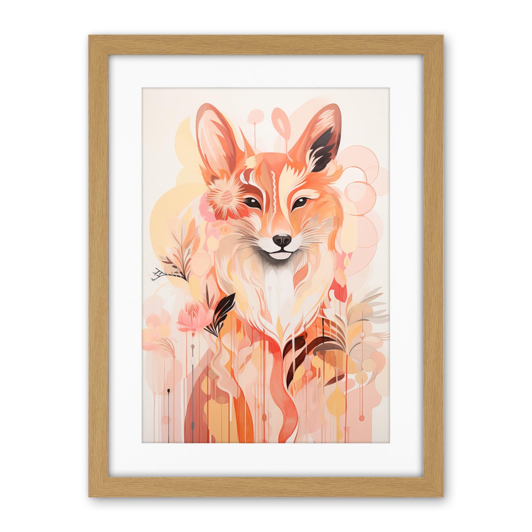 Artery8 Floral Fox Spirit Animal Boho Calm Pastel Colour Artwork Orange Pink Abstract Woodland Creature Flowers Artwork Framed Wall Art Print 18X24 Inch