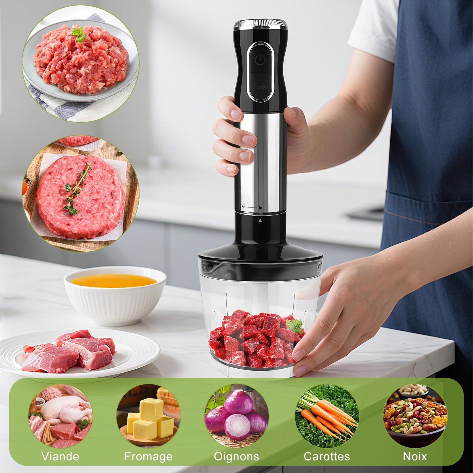 Dreamhigh® Mixeur Plongeant Professionnel 4-en-1, 1000W avec 12 Vitesses + TURBO & 2 Boutons, Inclus Fouet, Hachoir 500ml & Verre Doseur 700ml, Idéal pour Soupes, Smoothies & Purées