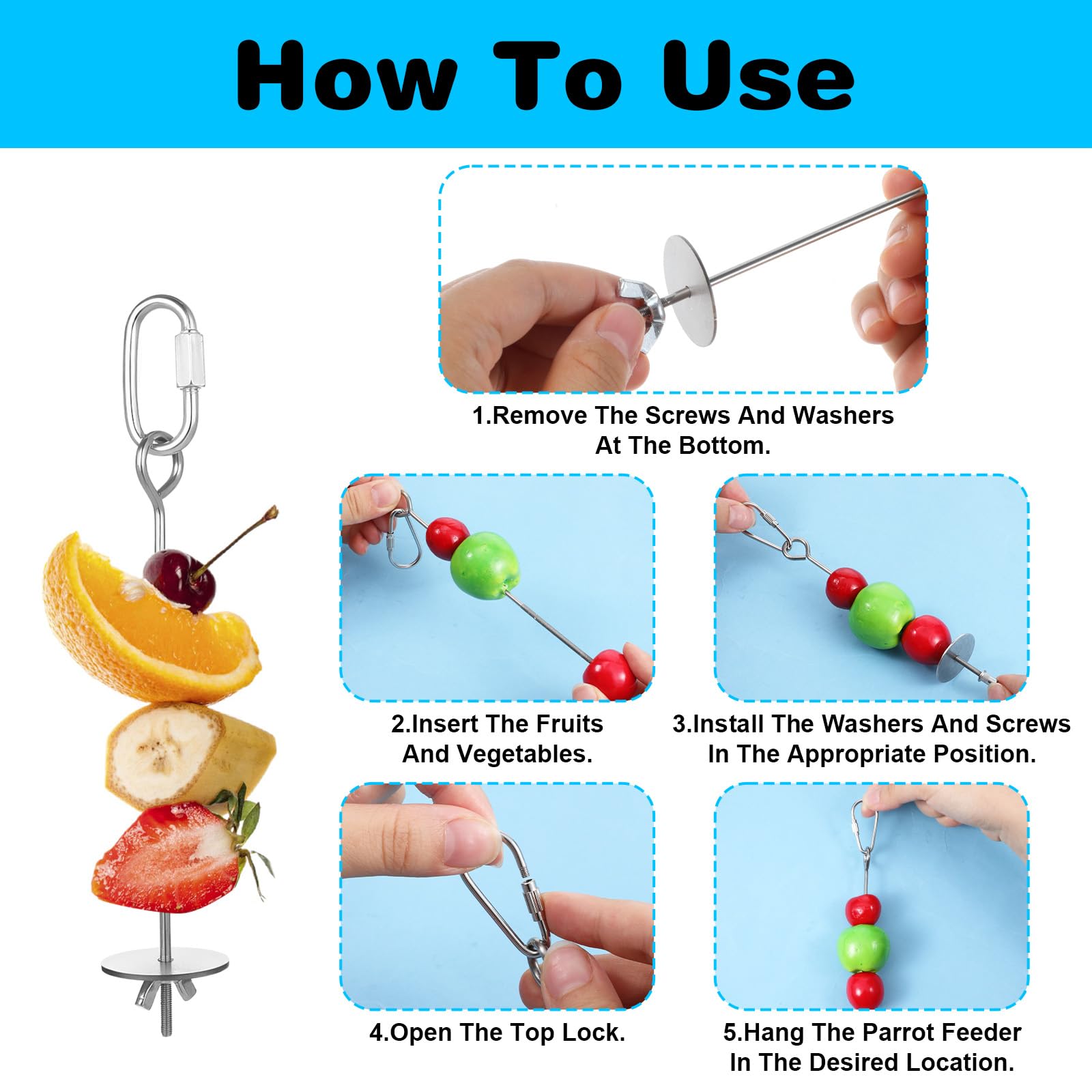 3 Pack Bird Cage Food Holder, Rat Foraging Toys, Stainless Steel Parrot Fruit & Vegetable Skewer Hanging Foraging Toy for Parakeets, Budgies, Macaws - image 3