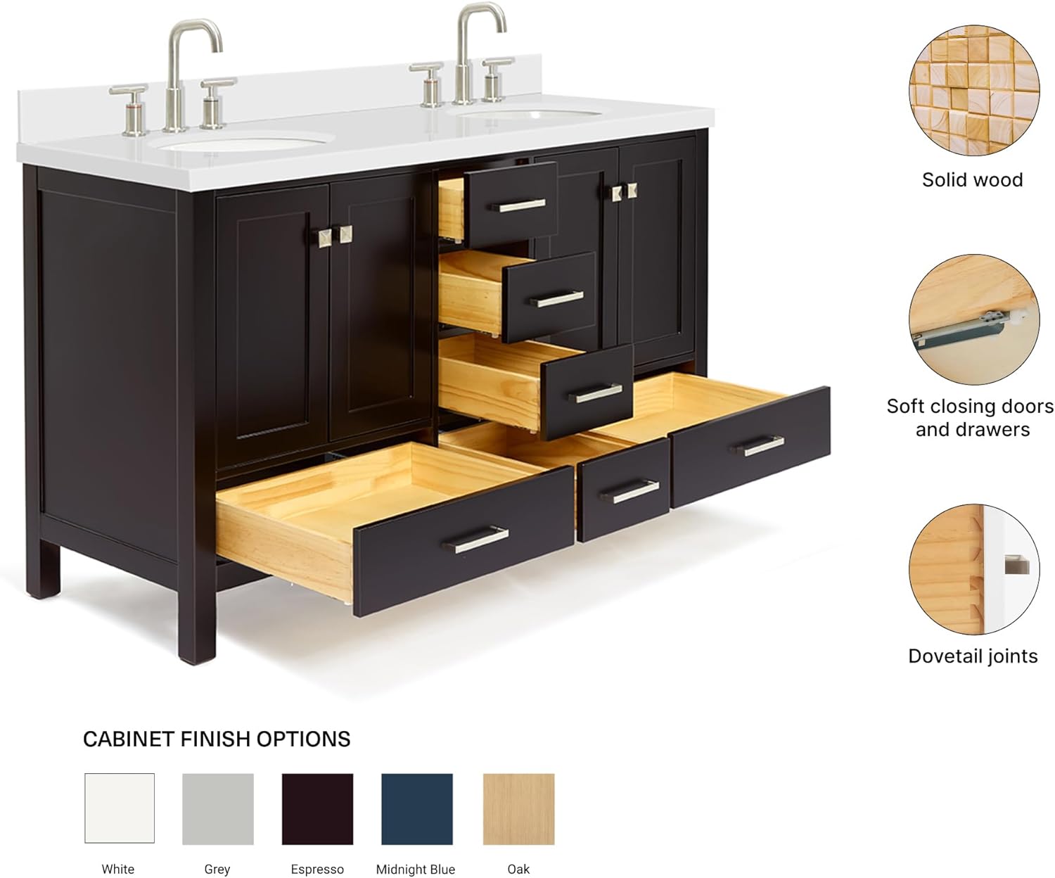 ARIEL Cambridge 60-inch Bathroom Vanity with Sink,Solid Wood, 1.5-inch Pure White Quartz Countertop & Backsplash, Double Oval Porcelain Sink, 4 Soft Closing Doors, 6 Dovetail Drawers, Espresso