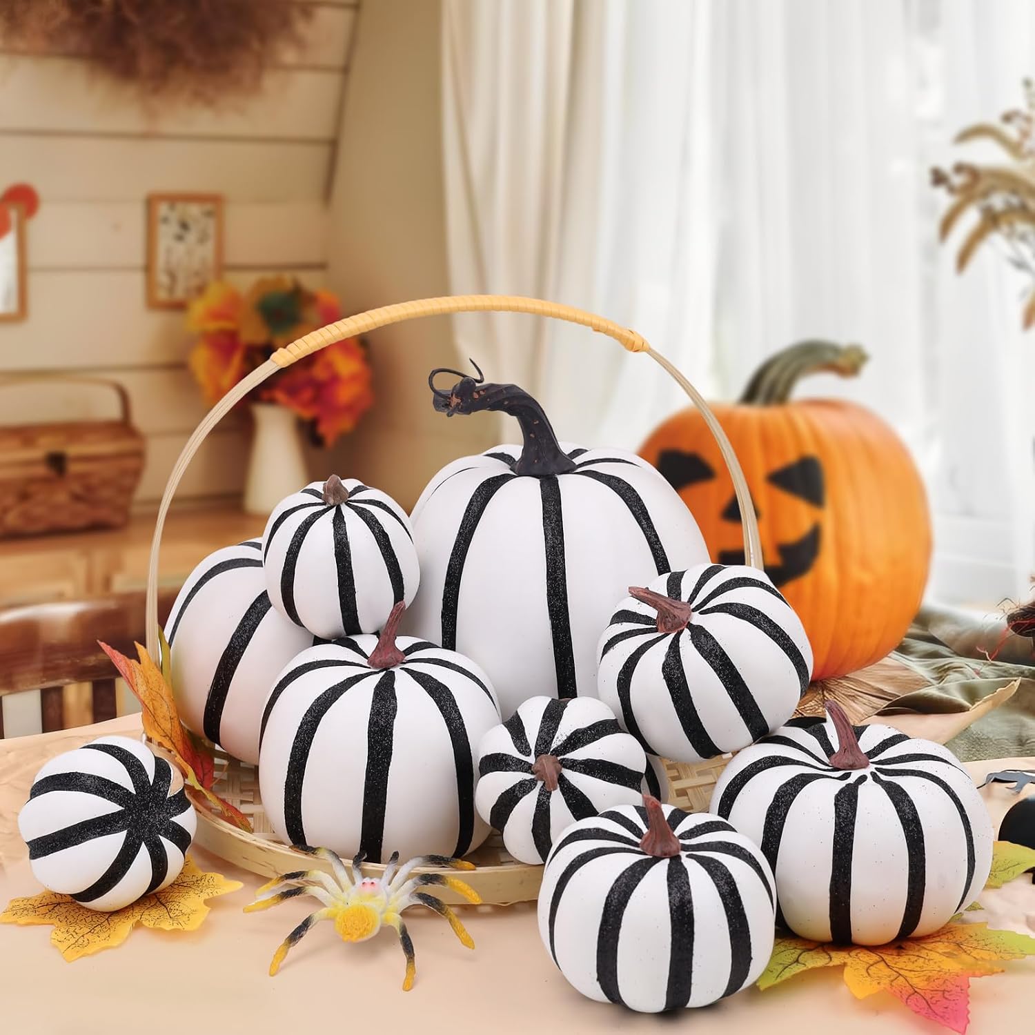 Gresorth 10pcs Artificial Zebra Pattern Pumpkins Halloween Decoration Fake Paintable Pumpkins Set for Porch Home Party Wedding Farmhouse Thanksgiving