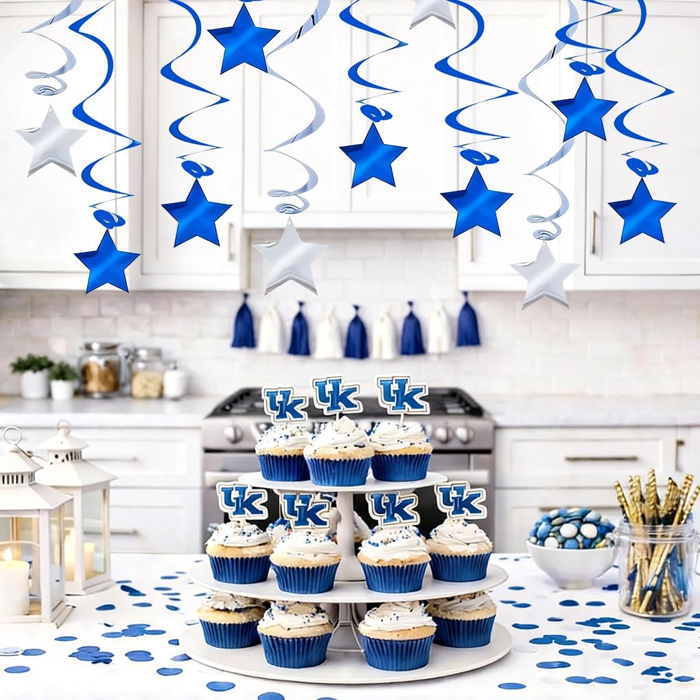2026 Graduation Decorations Hanging Swirls - Pack of 32 Blue Silver Hanging Ceiling Decor with Stars, Plastic Streamers for Graduation Party, Birthday, Baby Shower Party Supplies