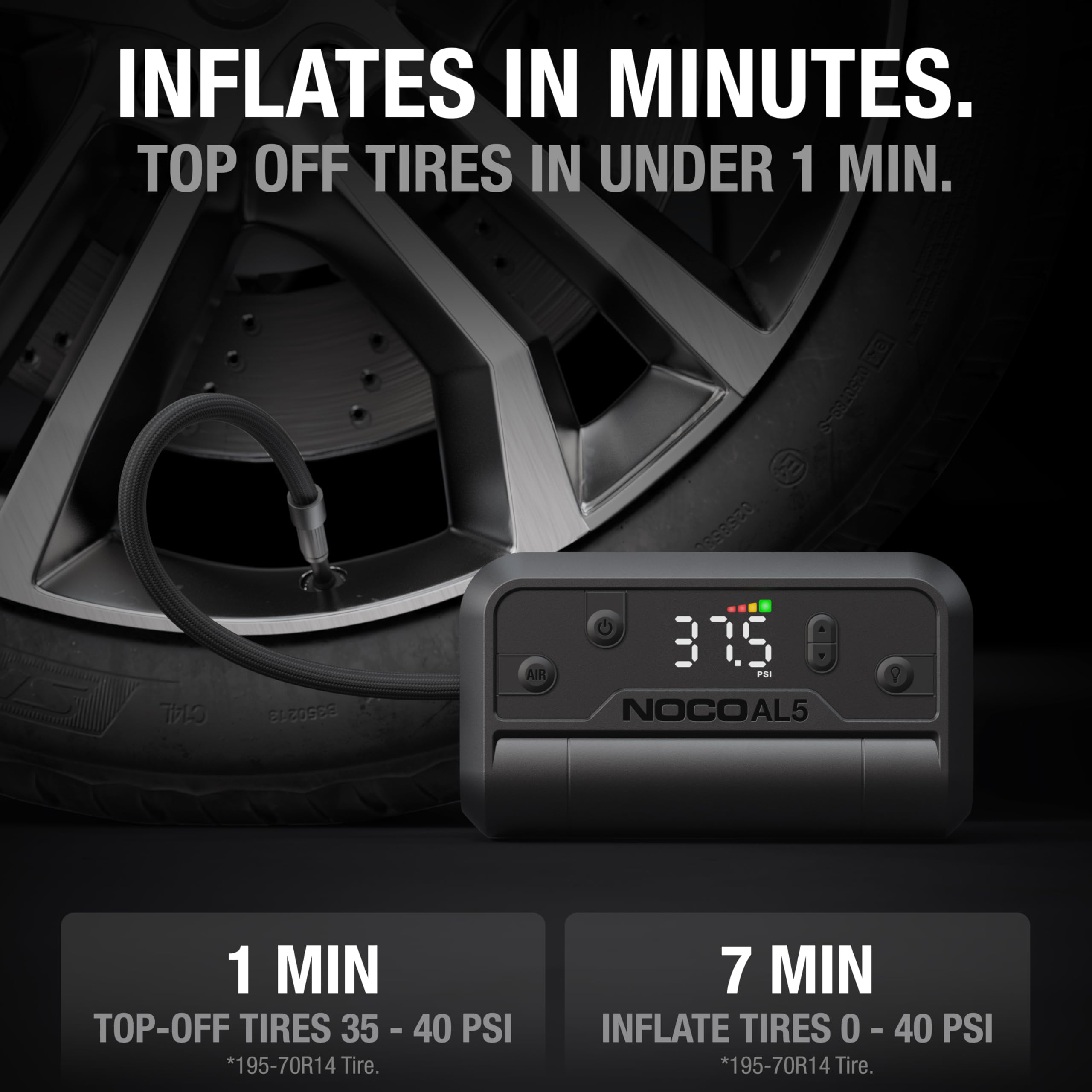 NOCO Air AL5: Cordless Tyre Inflator – Portable Rechargeable Air Compressor with USB-C – 17 LPM Inflates 0–40 PSI in 7 Minutes – Digital Gauge + Auto-Shutoff – for Tyres up to 31-Inches - 4