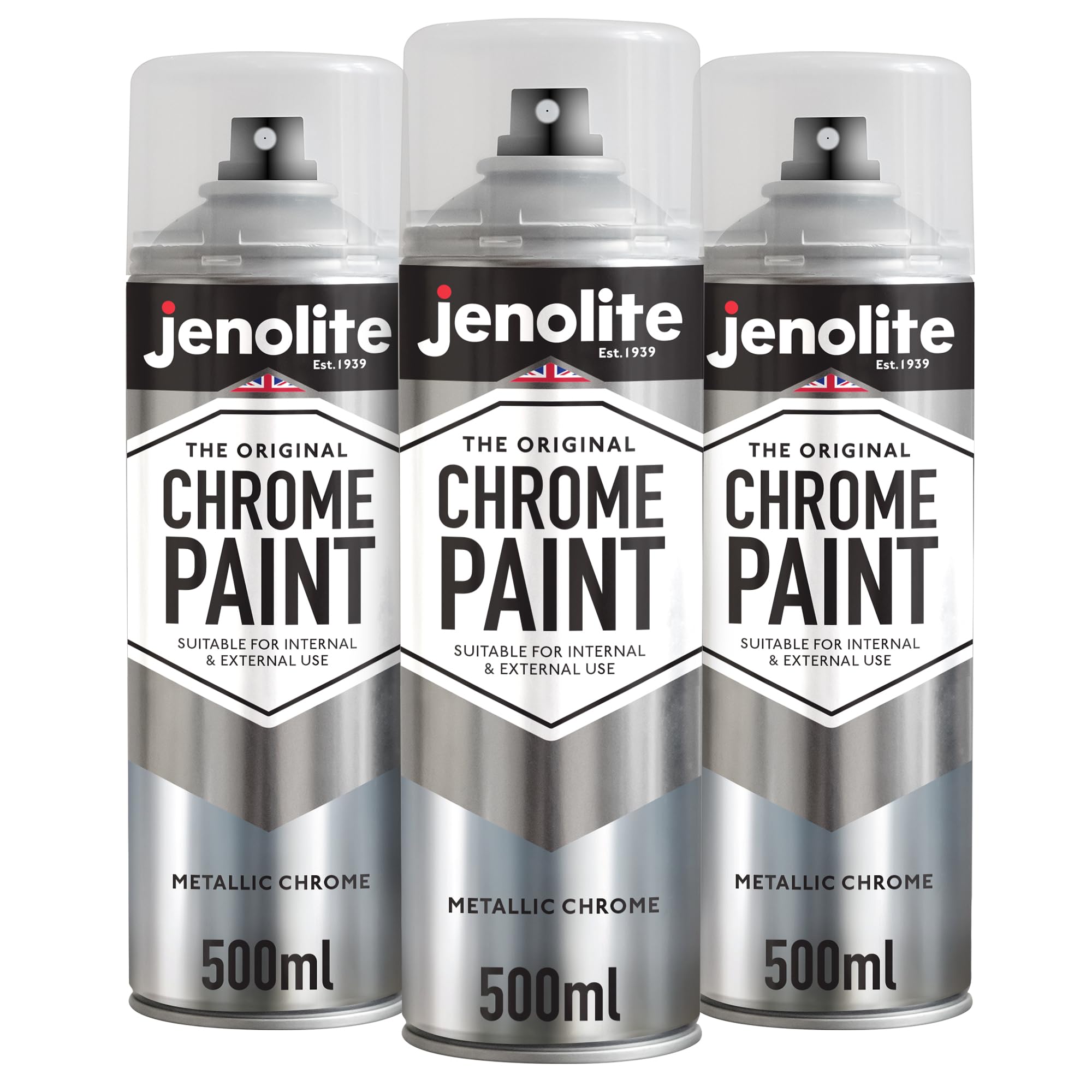 JENOLITE Chrome Spray Paint - 3 x 500ml | Smooth Metallic Silver | Chrome Colour | Multi-Surface Paint For Metal, Wood, Plastic, Ceramic | Suitable For Interior & Exterior Use