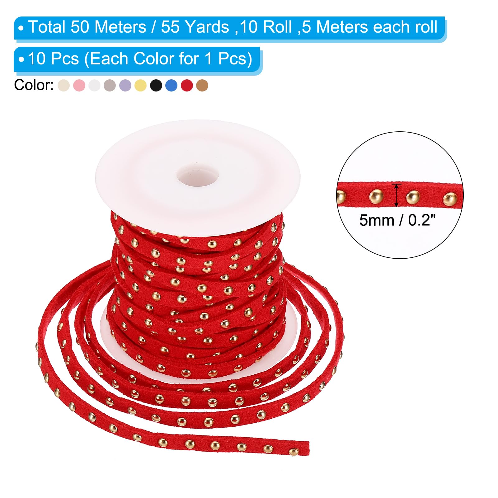 PATIKIL 54.7 Yards Studded Faux Suede Cord Rope for Jewelry Making 10 Pack Each 5 Meter 5mm Micro Fibre Flat Leather Lace Beading String Ribbon with Gold Rivets - Image 2