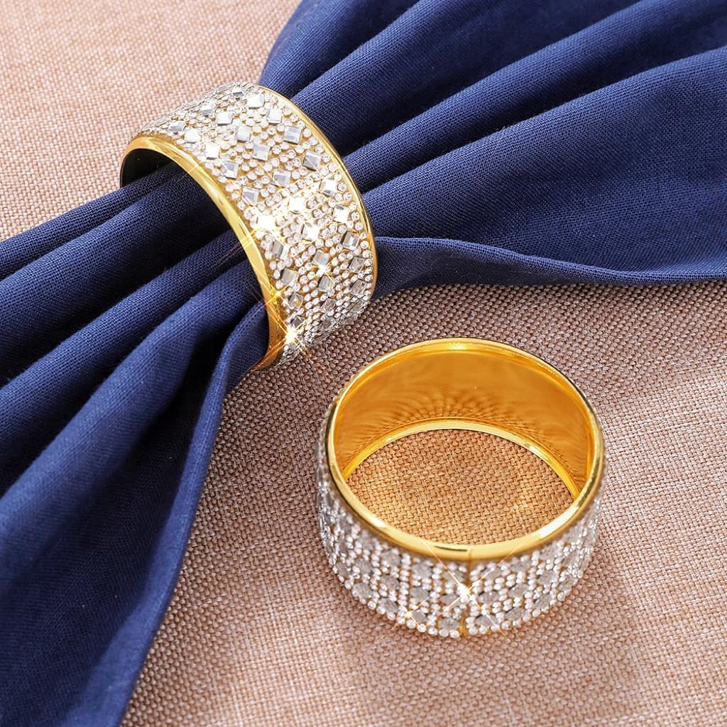 12Pcs Rhinestone Napkin Ring Gold Napkin Rings Stainless Steel Silver Crystal Napkin Holder for Dinner, Wedding, Party, Holiday, Banquet,Everyday Table Setting Home Decor