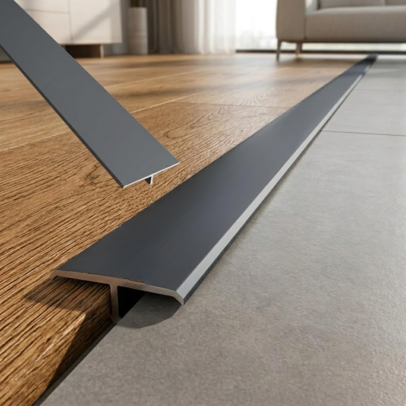 Aluminium T Moulding Floor Transition Strip, Self Adhesive Door Transition Strip, Metal Flat Divider Trim for Joining Laminate Floor Gaps, 90cm(Grey,W6cm*H0.7mm*L0.9m)