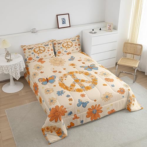 Miniatura 4 de Erosebridal Groovy - Juego de ropa de cama con diseño de mariposa hippie y estampado floral kawaii para niñas y mujeres, diseño de señal de paz,