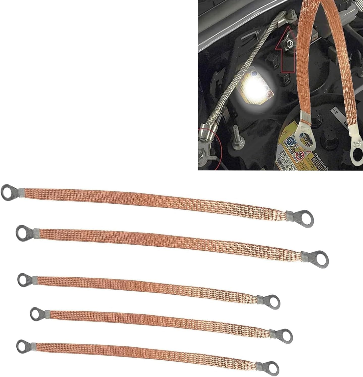 5 PCS Automotive Engine Grounding Strap, Car Multi-Purpose Heavy-Duty Accessories, Flexible Tensile-Resistant Copper Braided Distribution Box Bridge Jumper, Universal for Most Cars (Gold)
