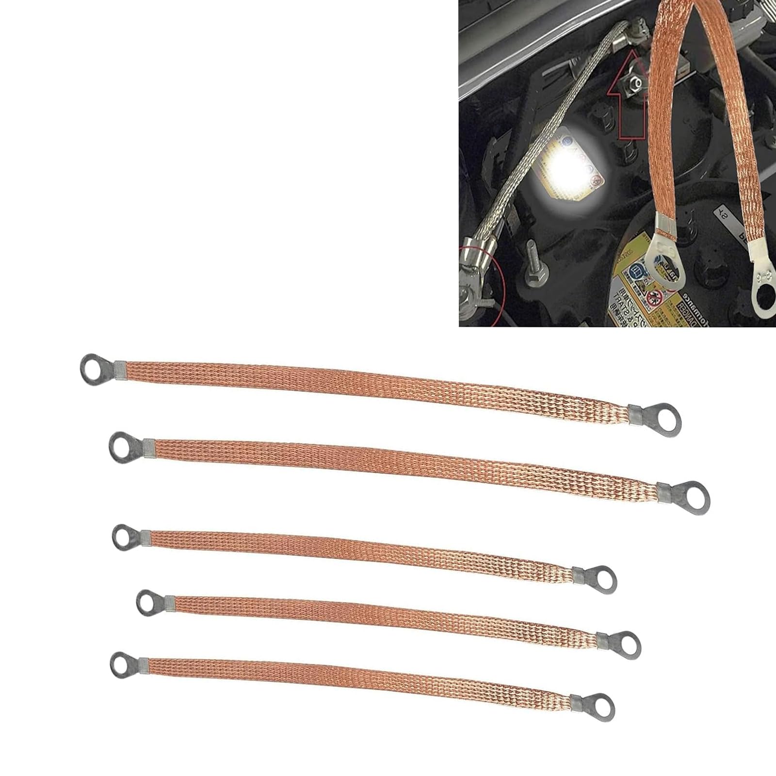 5 PCS Automotive Engine Grounding Strap, Car Multi-Purpose Heavy-Duty Accessories, Flexible Tensile-Resistant Copper Braided Distribution Box Bridge Jumper, Universal for Most Cars (Gold)