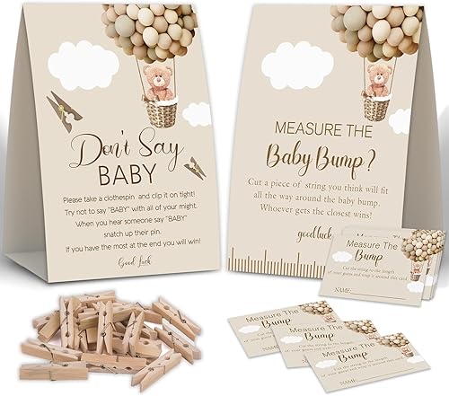 Juego de 2 osos bohemios para baby shower, no digas juegos de pinzas para ropa de bebé, mide la panza del bebé, decoraciones de baby shower, juego