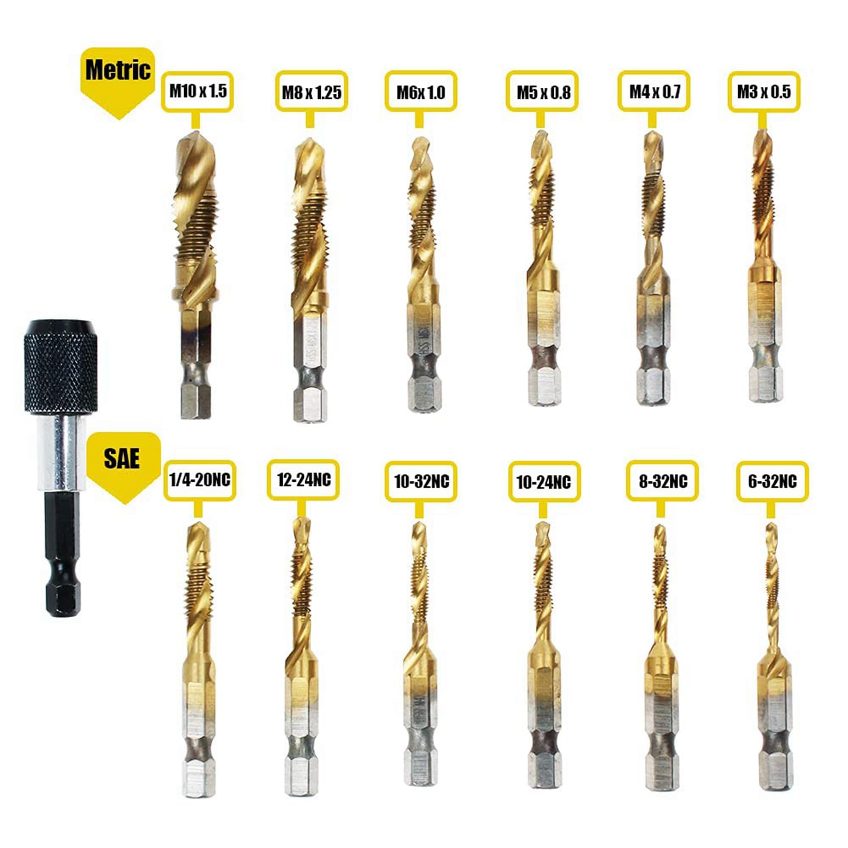 Set di punte per trapano a combinazione di colore titanio 39 pezzi SAE e Metrico Tap Bit Kit per filettate foratura sbavatura