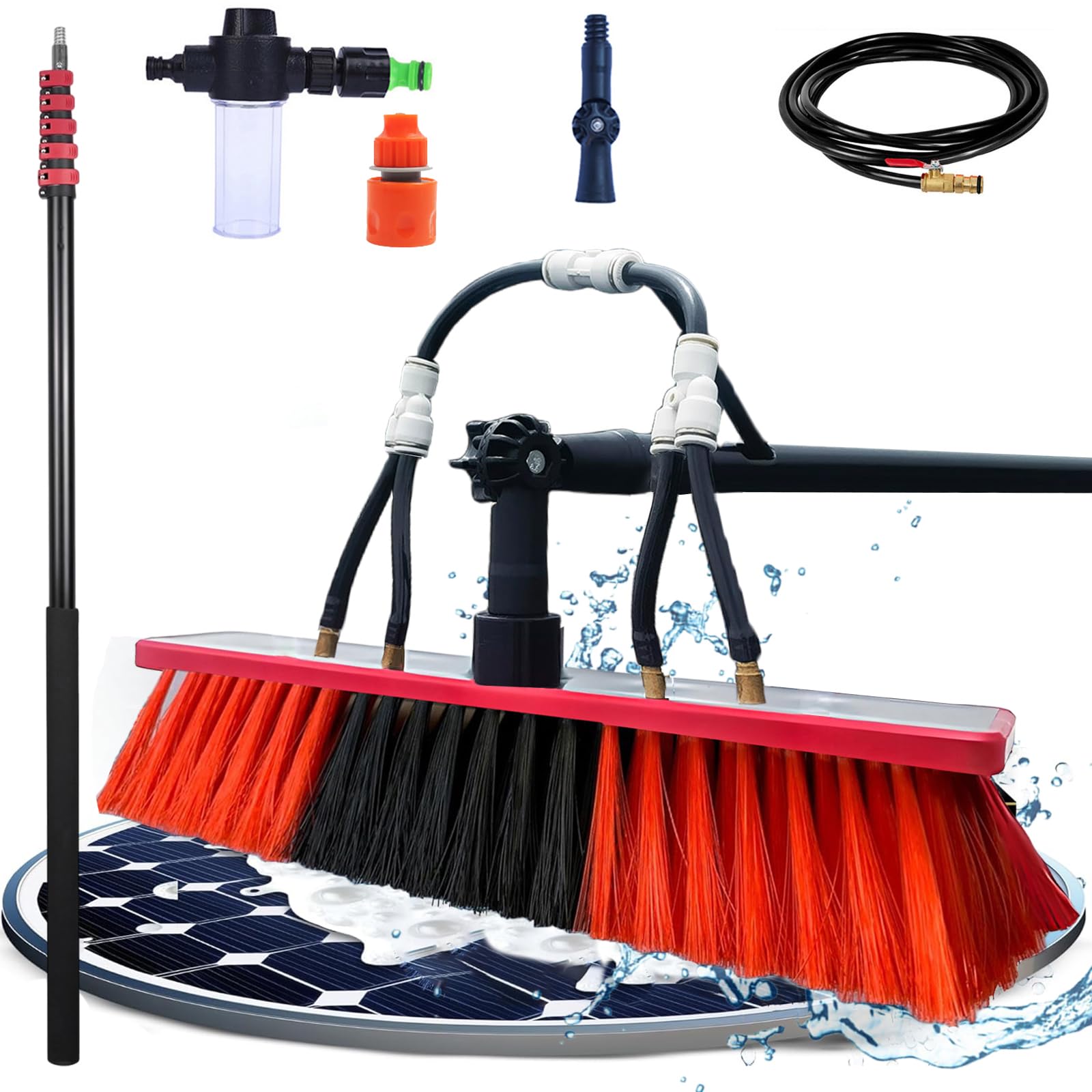 GYEQXKT 10.8m Telescopic Cleaning Pole with 55cm Brush, Adjustable Angle Squeegee & Universal Hose for Solar Panels, Windows, and Outdoor Surfaces