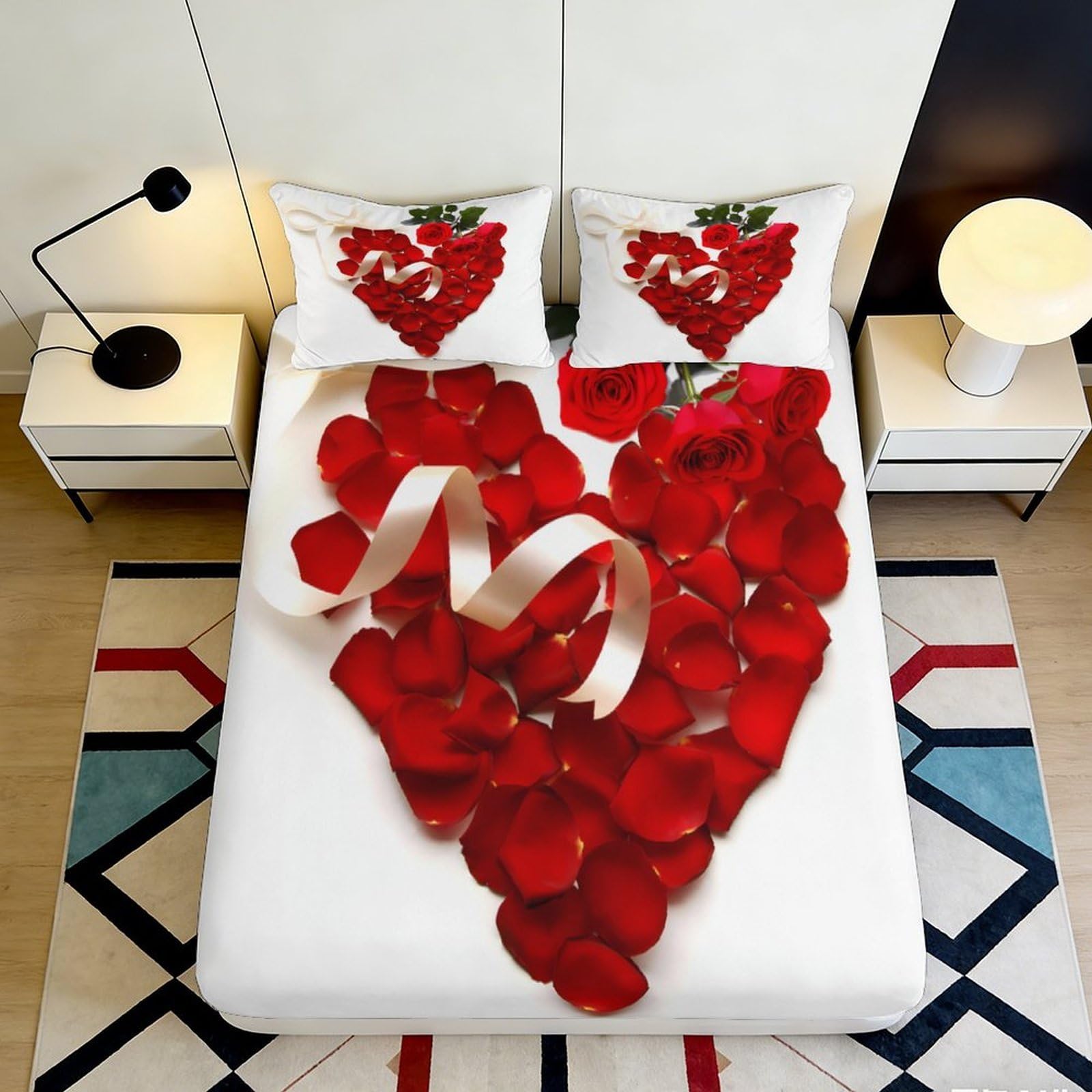 3D Printed Rose Heart Fitted Sheet Microfiber Romantic Red Petals Bed Cover for Bedroom Guest Room Decoration 90x200x25cm