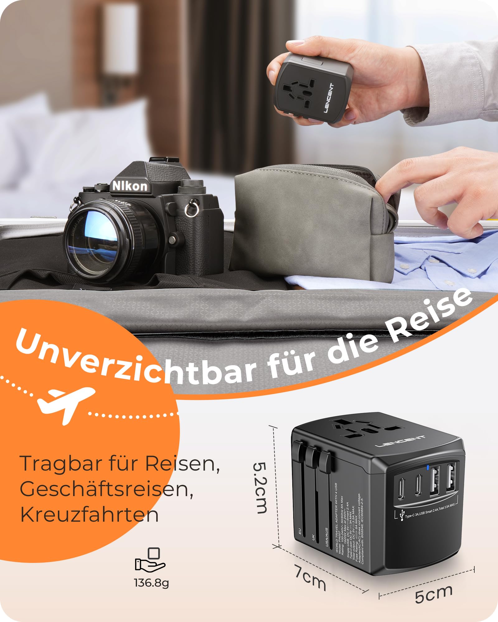 LENCENT Reiseadapter Weltweit, Universal Reisestecker Weltreise Adapter mit 2 USB A und 2 USB C, Internationaler Steckdosenadapter für Japan Thailand USA England Australien(Typ A/B/G/I/D/I/L/M/N)