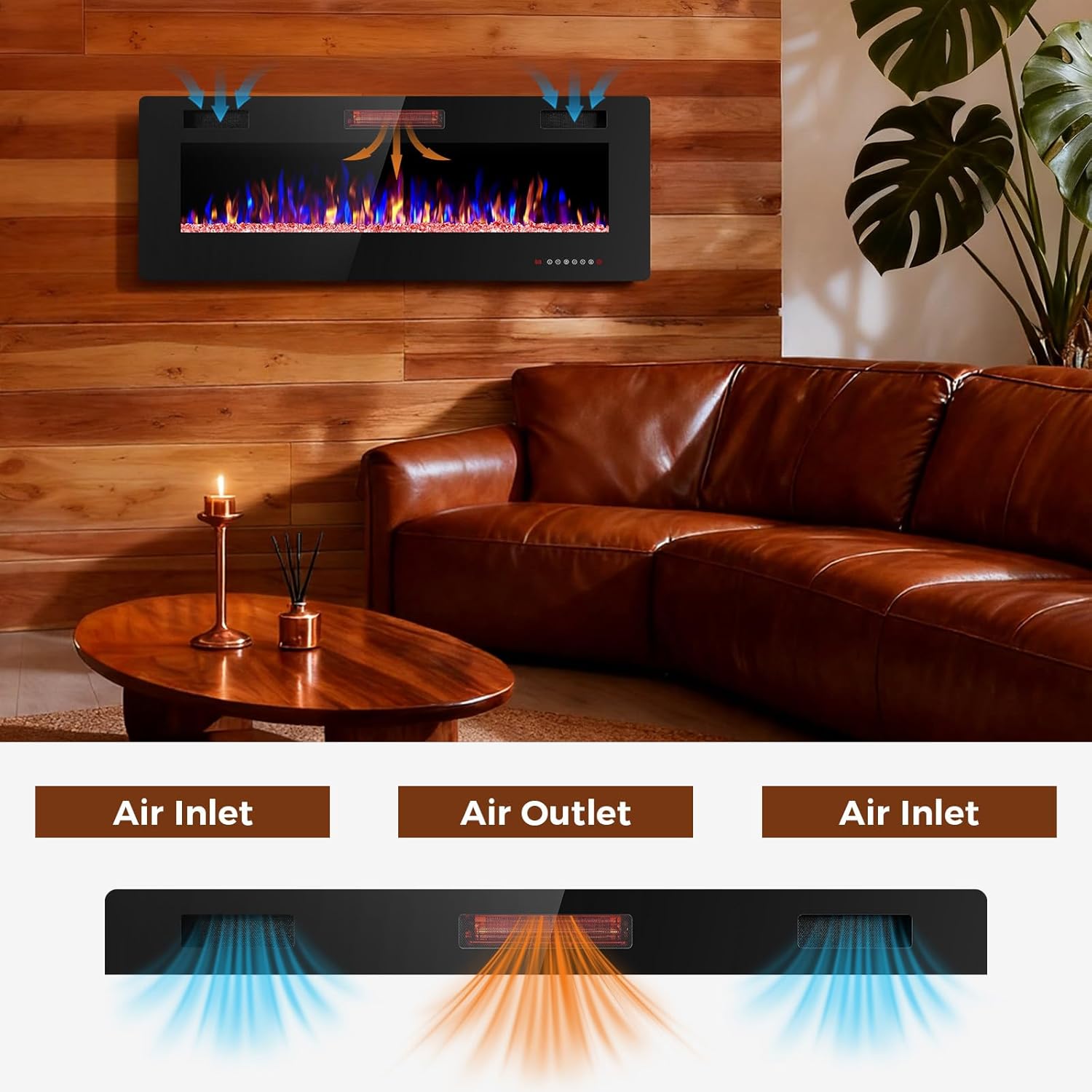 50 Inch Electric Fireplace Insert Ultra-Thin - Recessed & Wall-Mounted Fireplace Heater with Thermostat, Adjustable Flame, Remote Control - Linear with Timer, Touch Screen, 750/1500W - Image 2