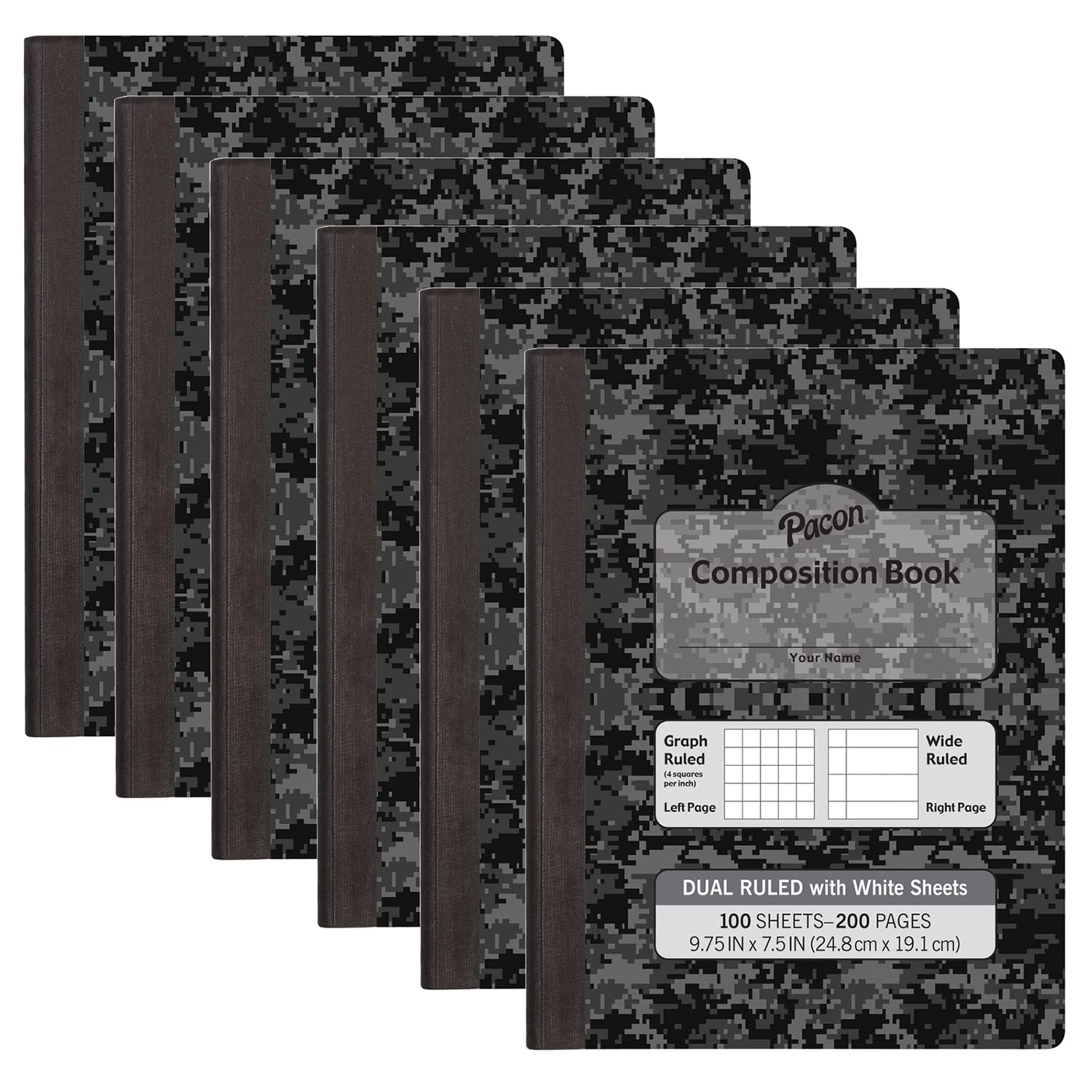 Pacon Dual Ruled Composition Book, Dark Gray Marble, 1/4" Grid & 3/8" Wide Ruled, 9-3/4" x 7-1/2", 100 Sheets, Pack of 6
