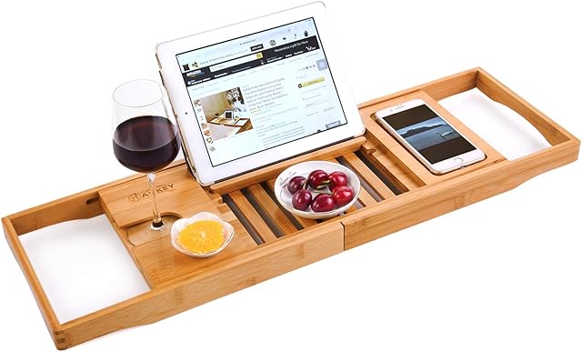 Bath Tray, Luxury Bamboo Bathtub Caddy Tray With Foldable Sides Natural, Eco-friendly Wood Integrated Tablet, Smartphone, Wine, Book Holder (Extendable)