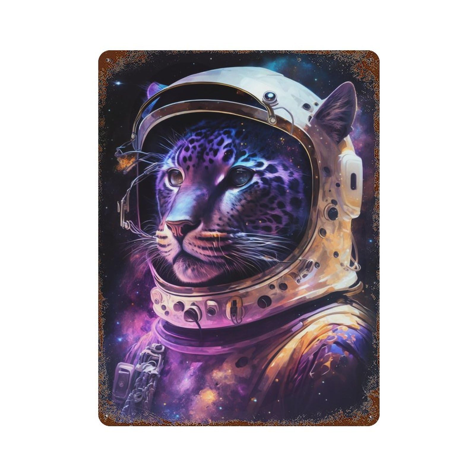 Cosmic Leopard Astronaut Aged Metal Wall Plaque 15.7"x11.8", Ideal for Patio, Garden Room And Bar Decor