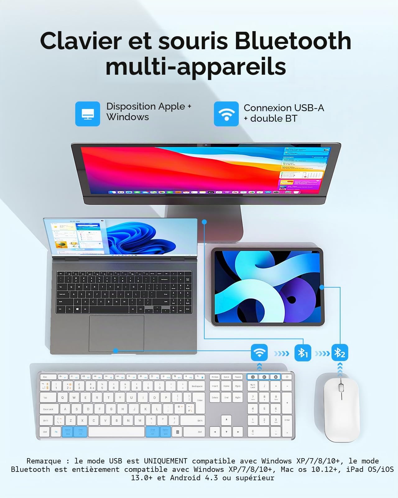 seenda Wirelees Ensemble clavier et souris Bluetooth rechargeable (USB + double BT), multi-appareils, souris et clavier sans fil ultra fin, compatible avec Windows 7/8/10, Mac OS, tablette, QWERTY