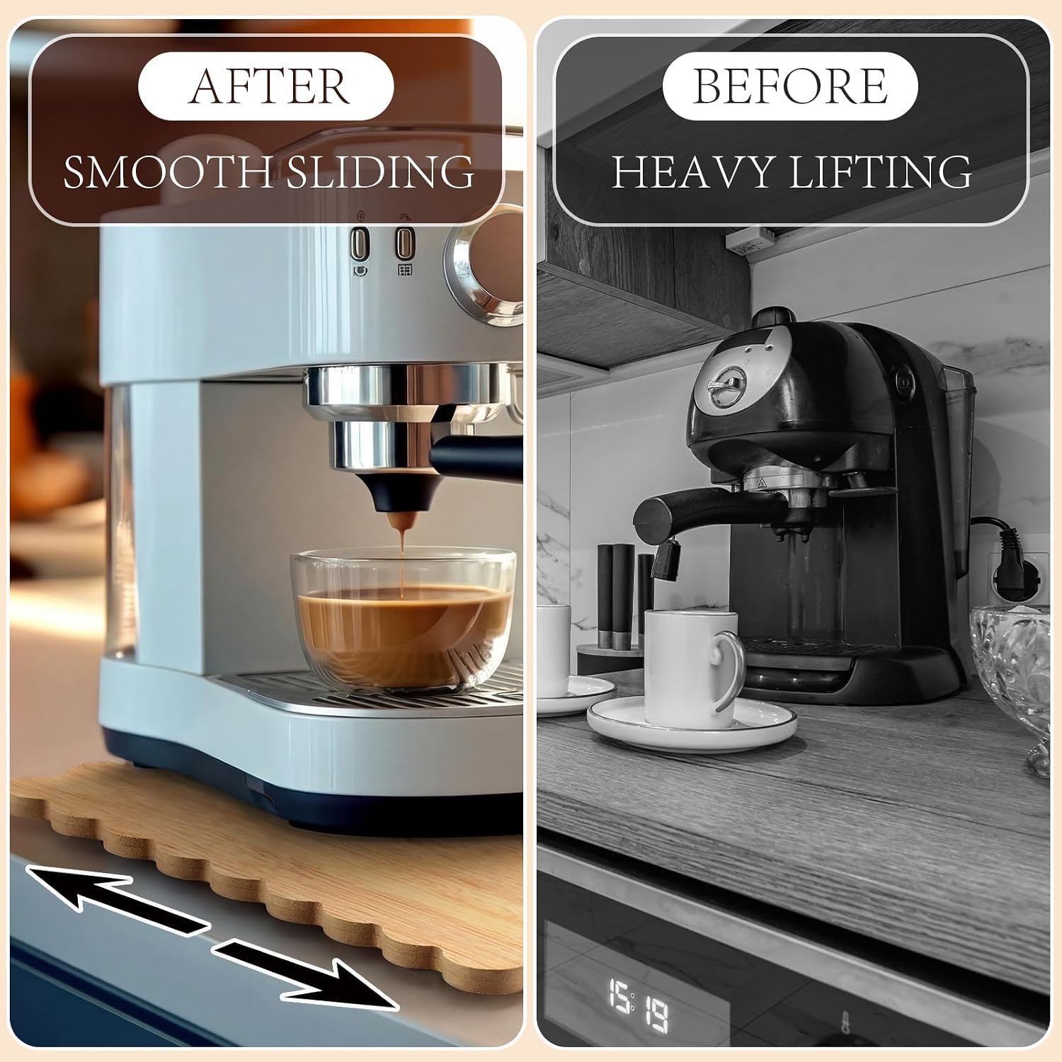 Novabright 13 x 14 Inch Bamboo Sliding Tray, 360° Appliance Slider for Coffee Maker, Scalloped Sliding Tray with Rubber Wheels, Kitchen Countertop Appliance Slider for Coffee Pot, Air Fryer