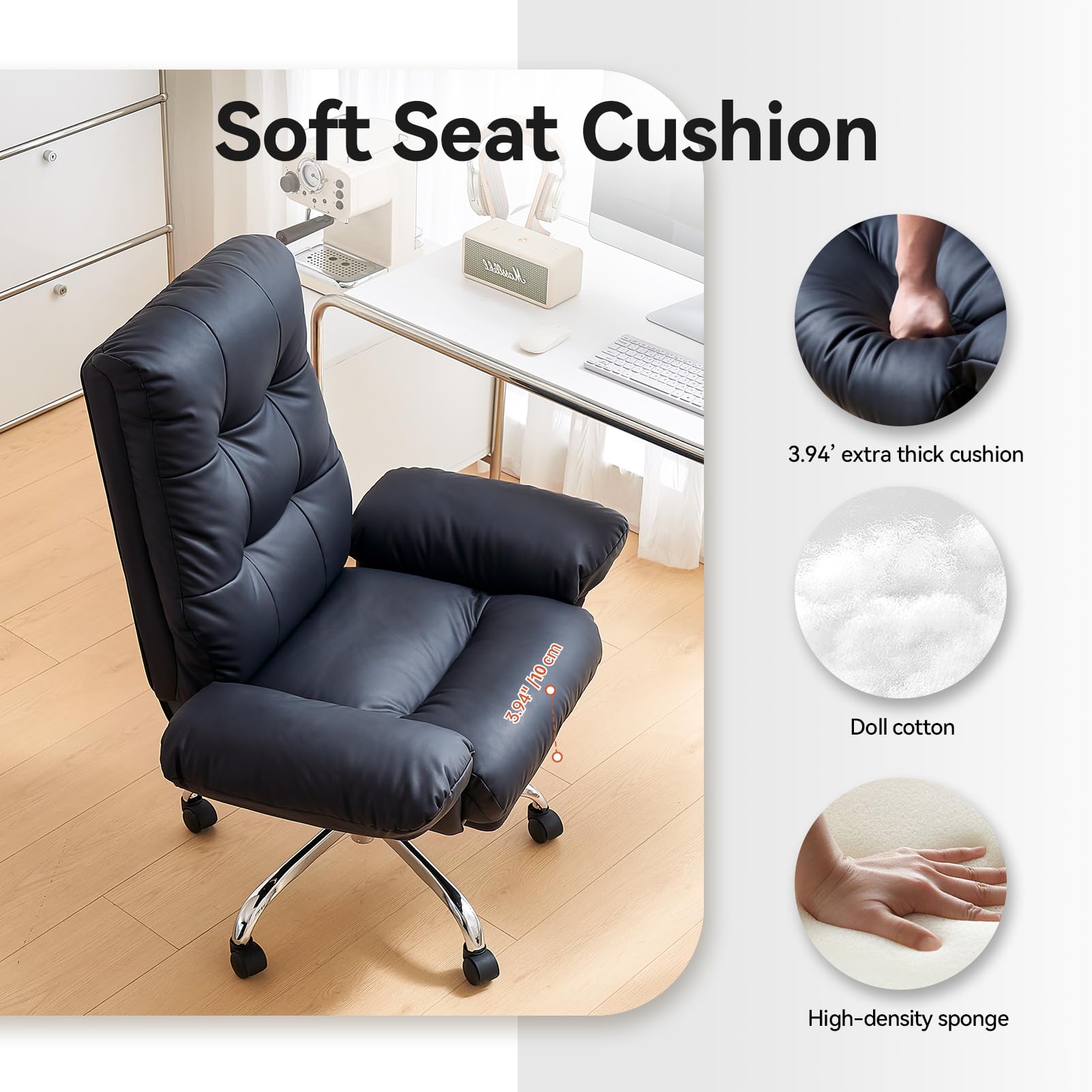 EMIAH Sedia da Ufficio con braccioli ribaltabili, Criss Cross Poltrona Reclinabile da Scrivania in Pelle PU, Sedie Moderne per Vanità con Ruote, Ergonomica Sedia da Computer con Poggiapiedi, Nero
