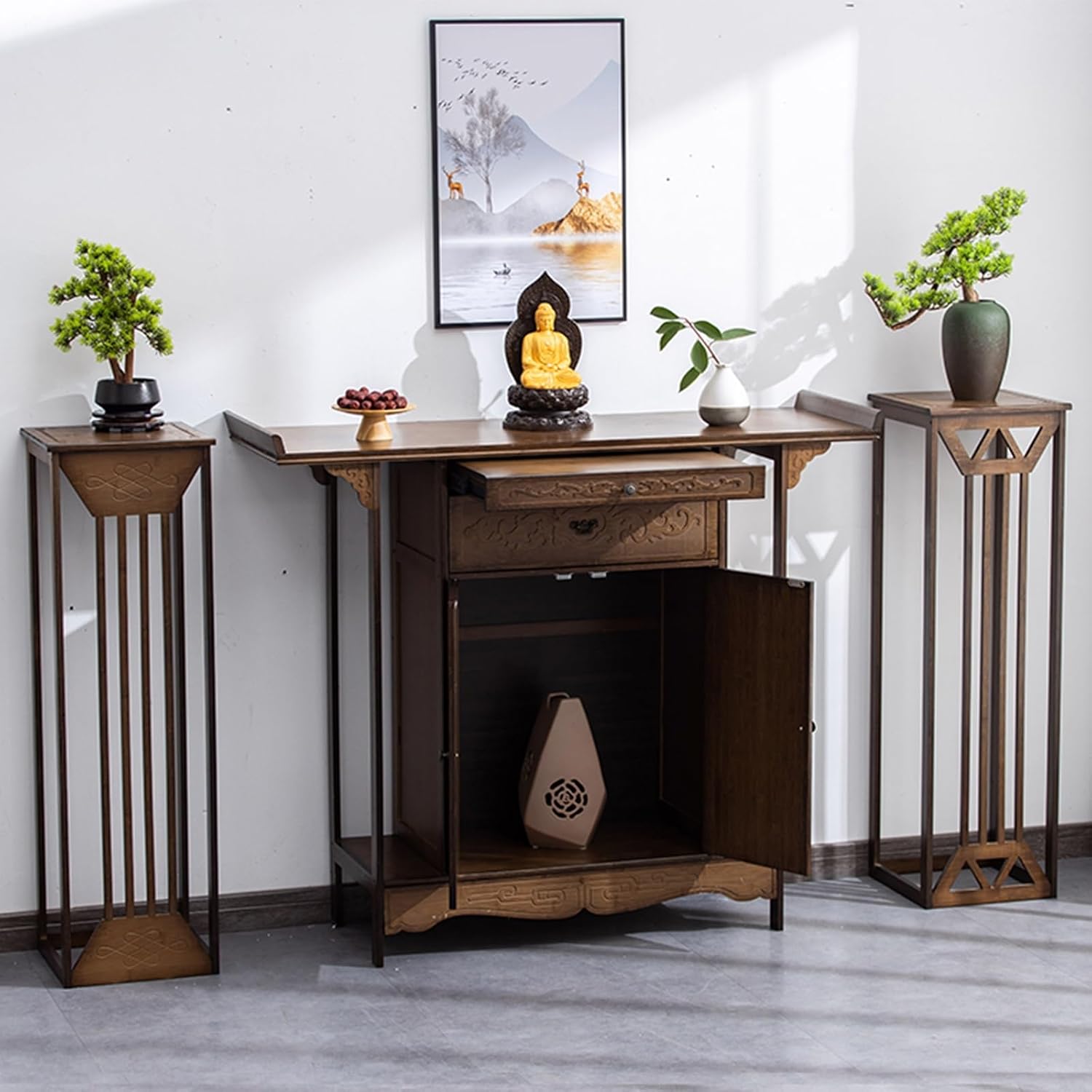 Buddhist Altar Table with Storage, Intricate Chinese Altar Cabinet Pedestal Offering Table, Personal Prayer Shrine Tables for Incense and Pray,Flat Desktop for Home Decor