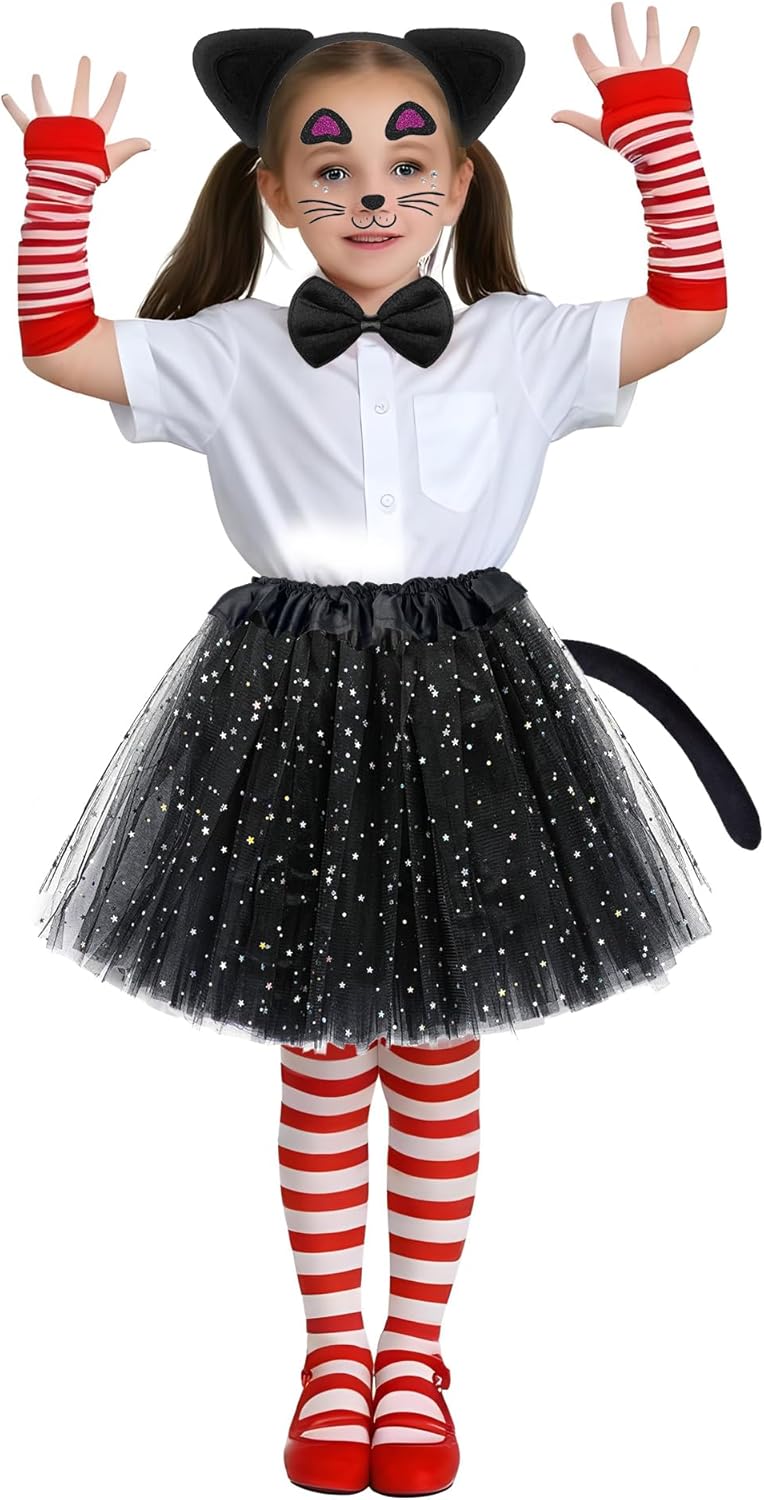 Hikkcos 5Pcs Black Cat Costume for Kids Girls Kitty Cat Noir Costumes Ears and Tail Halloween Party Animals Cosplay - Image 4