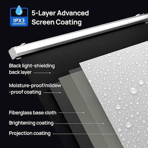 Vista 2 de Pantalla de proyector motorizada de 120 pulgadas, pantalla desplegable impermeable para exteriores, 2 recargas anuales, 4K/8K Ultra HD, sin arrugas