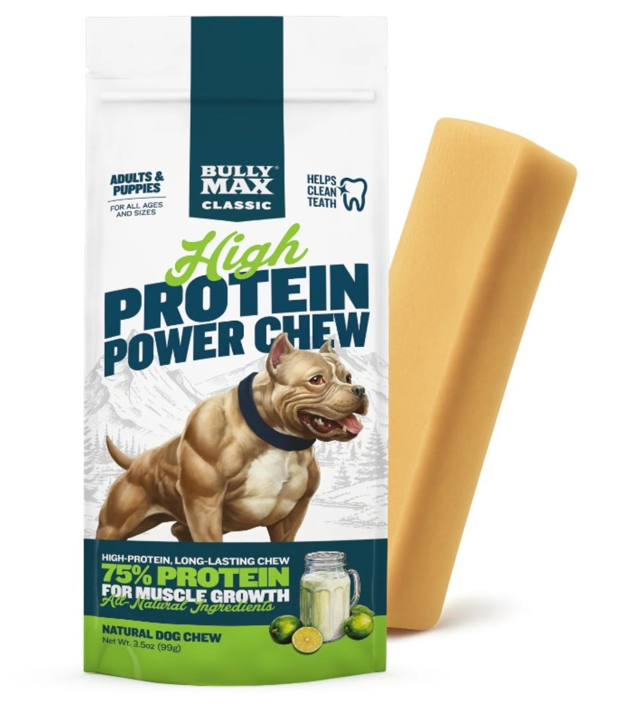 Bully Max High Protein Power Dog Chews – 75% Protein, All-Natural Long Lasting Yak Chews for Aggressive Chewers - Grain-Free Dental Dog Food Treats for Small, Medium & Large Breed Dogs - Lime, 1 Pack