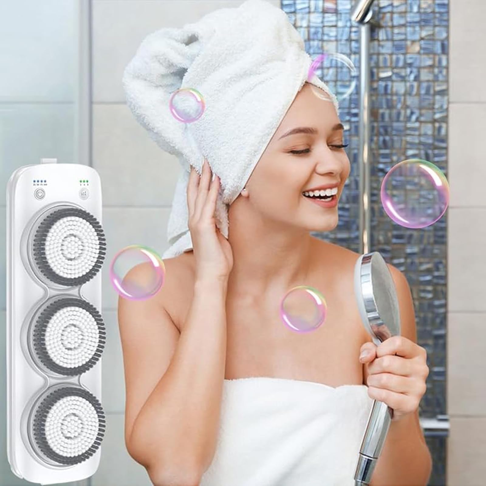 Elektrische Körperbürste, wiederaufladbare Wandbürste, Badebürste mit drei rotierenden Hautbadebürstenköpfen für die Tiefenreinigung, Massage und Peeling-Körperbürste