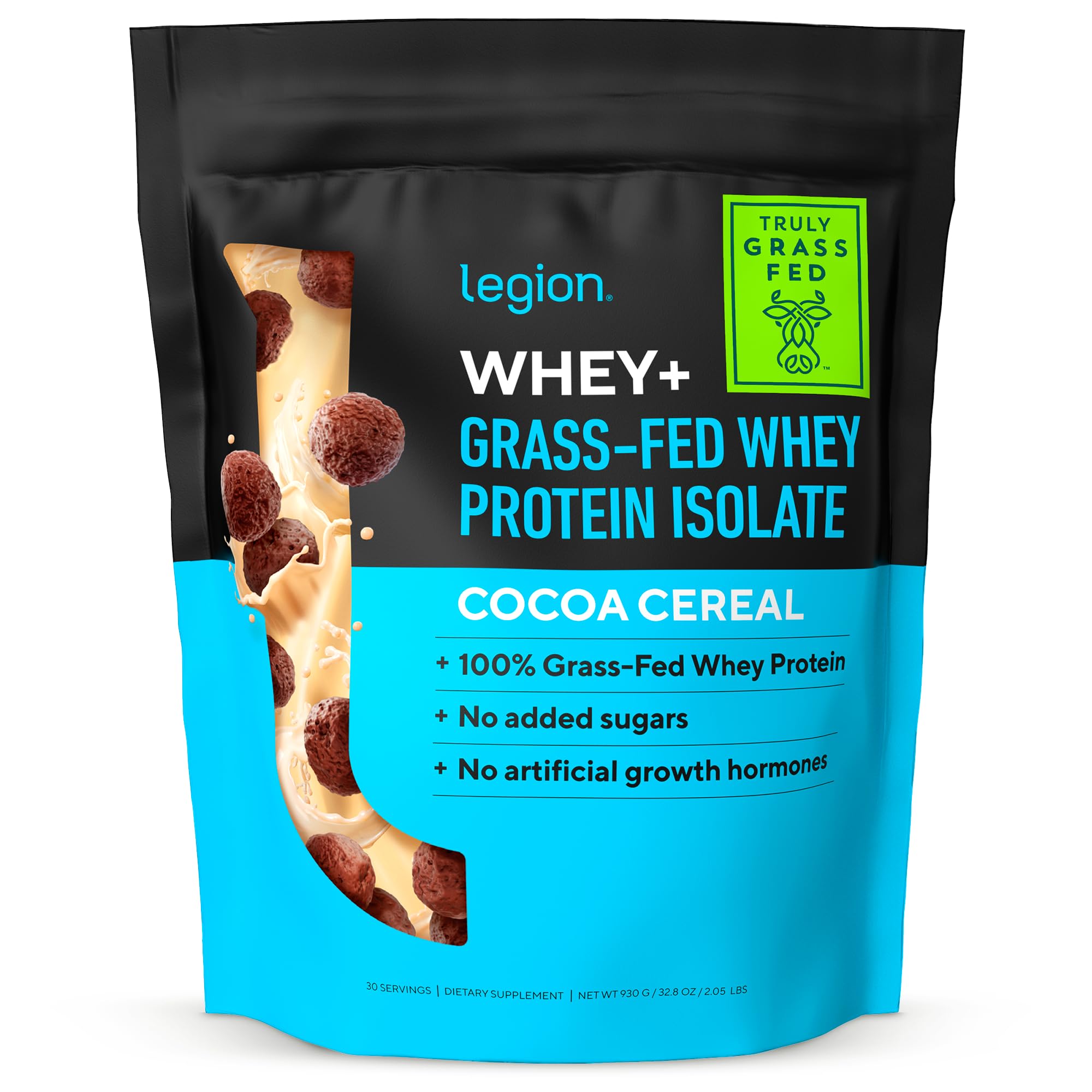 LEGION Whey+ Whey Isolate Protein Powder from Grass Fed Cows - Low Carb, Low Calorie, Non-GMO, Lactose Free, Gluten Free, Sugar Free, All Natural Whey Protein Isolate 30 Serving (Cocoa Cereal)