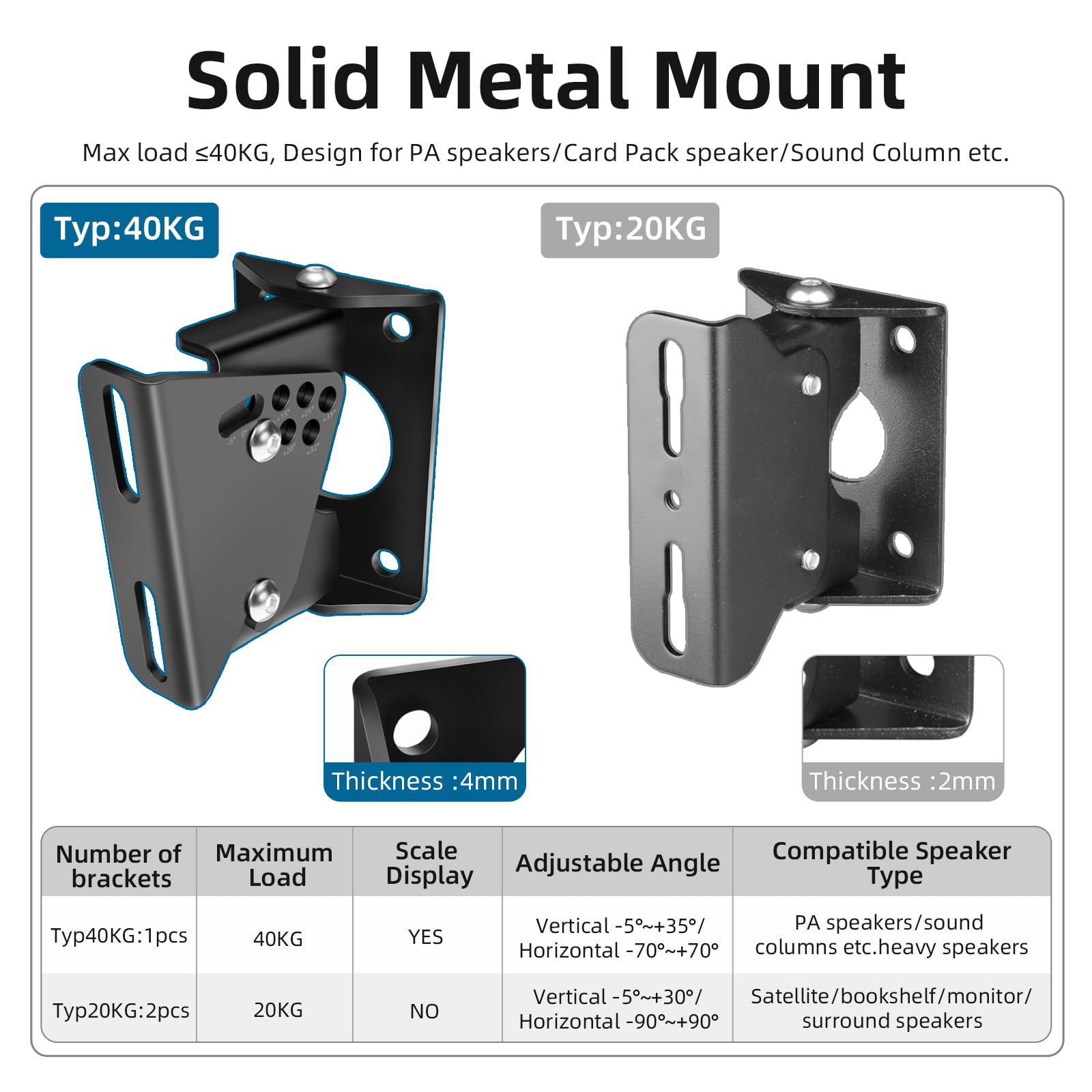 Supports muraux robustes pour haut-parleurs Samsung/Bose/LG/Yamaha/Teufel, support mural à angle réglable, supporte jusqu'à 40 kg (1 paire)