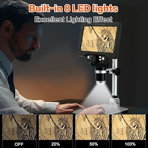 Miniatura 34 de Koolertron Microscopio digital LCD de 7 pulgadas, 12MP 1-1200X aumento 1080P microscopio de moneda con pantalla, 8 luces LED, microscopio de batería