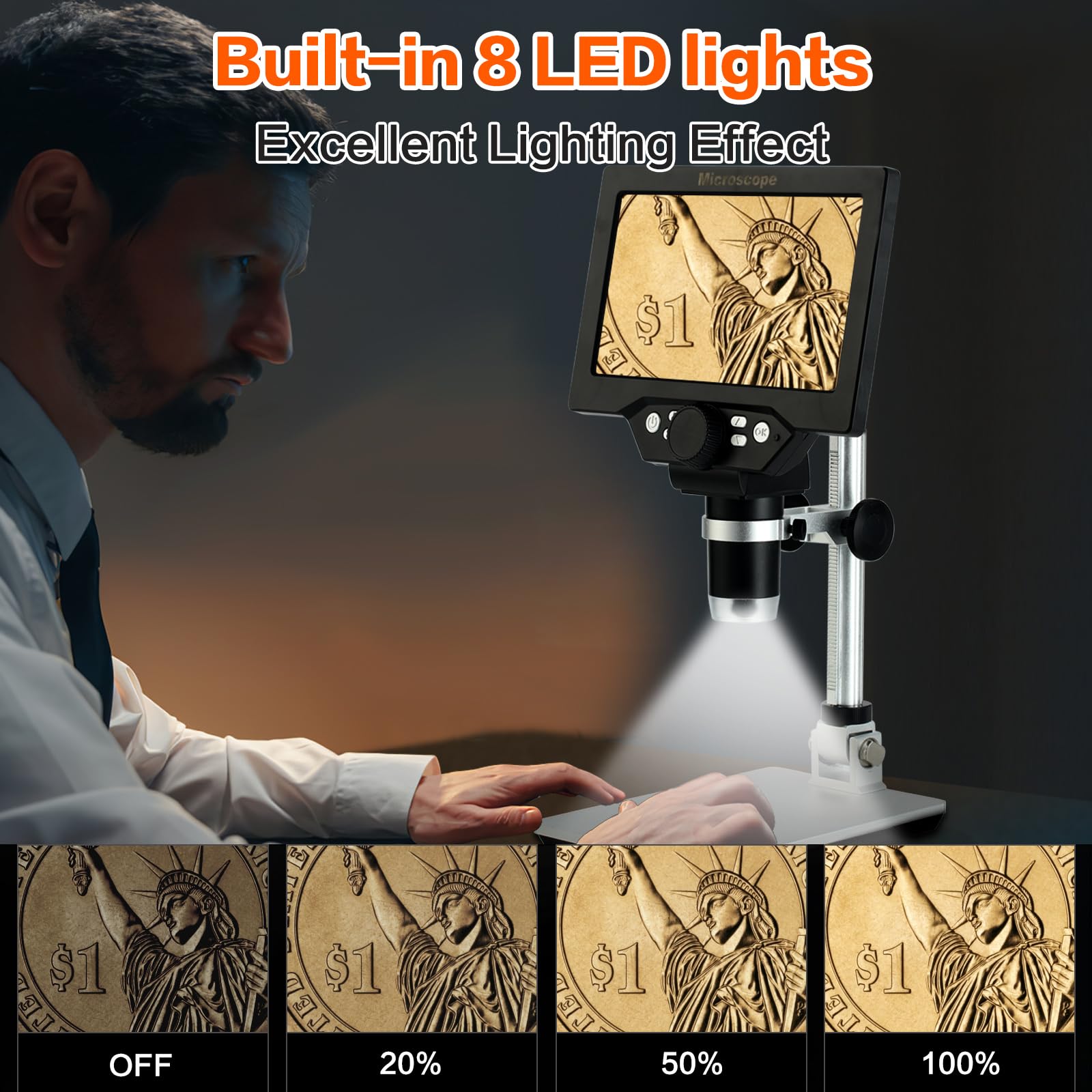 Koolertron Microscopio USB digitale LCD da 7 pollici con scheda TF da 8 G, 12 MP con ingrandimento 11200 X, videocamera portatile, 8 luci LED, batteria ricaricabile per circuito di riparazione
