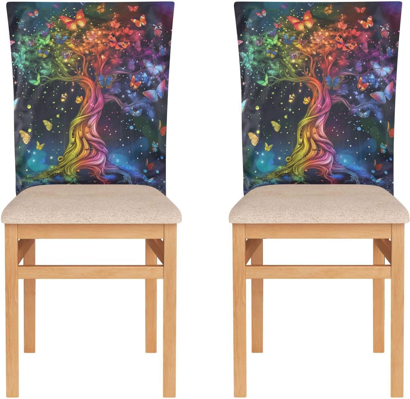 ALAZA Rainbow Butterflies Flying Under The Tree Chair Back Cover Set of 6, Washable Reusable Removable Chair Slipcovers Decorative Chair Cover for Home Kitchen Wedding Party