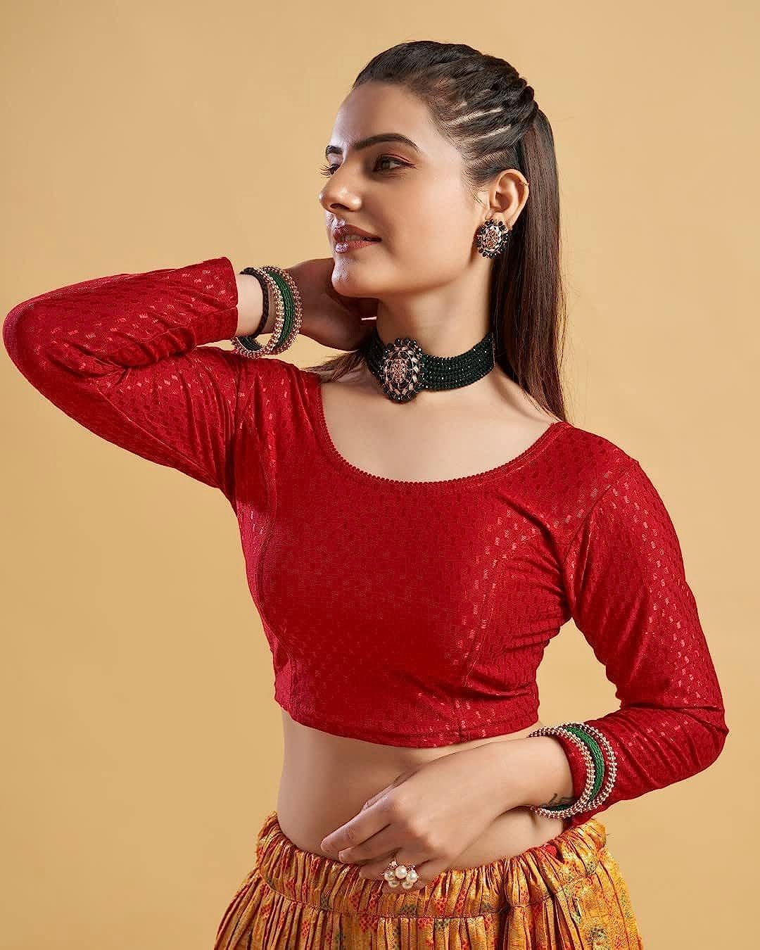 themilestocks TMS Women's Blouses Readymade Gold Stretchable Saree Crop Top Choli Free Size Long Sleeve (Red, Can fit bust size 28""-38"") - Image 3
