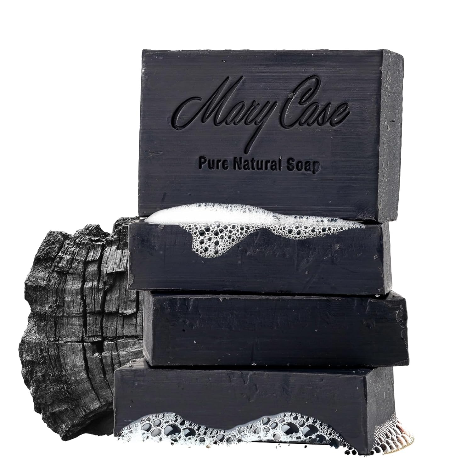Mary Case All Natural Bar Soap for Men & Women (Set of 4) – Active Charcoal Bath Soap Bar with Olive & Coconut Oils – Vegan Bath Soaps Bars for Deep Cleansing, Detoxifying Pores & Removing Impurities