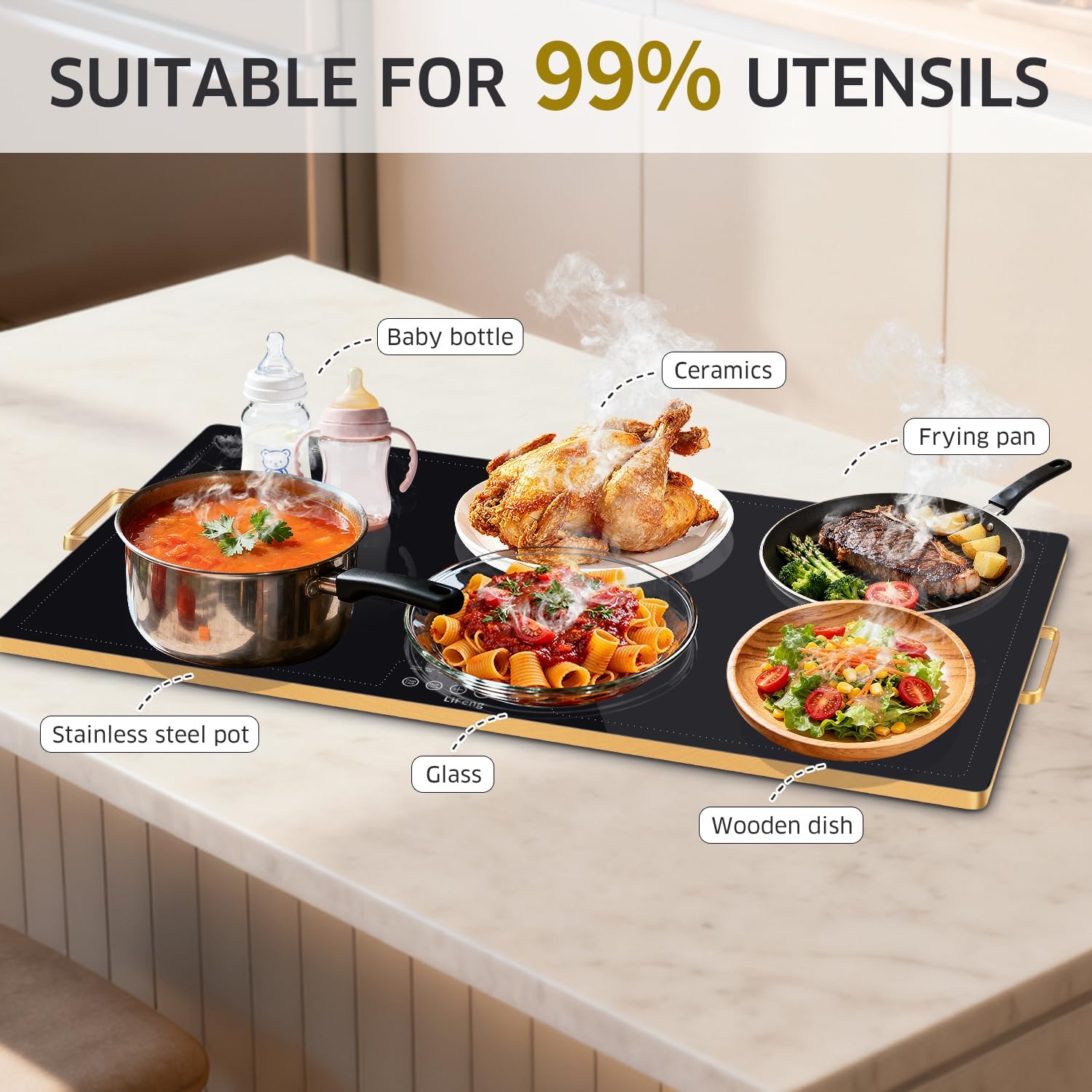 LIFENG Electric Warming Tray, 32" x 18", Black | Glass-Top Full-Surface Food Warmer, 6 Temperature Modes & Timer, For Buffets, Parties, Sabbath, Holidays & Everyday Dining
