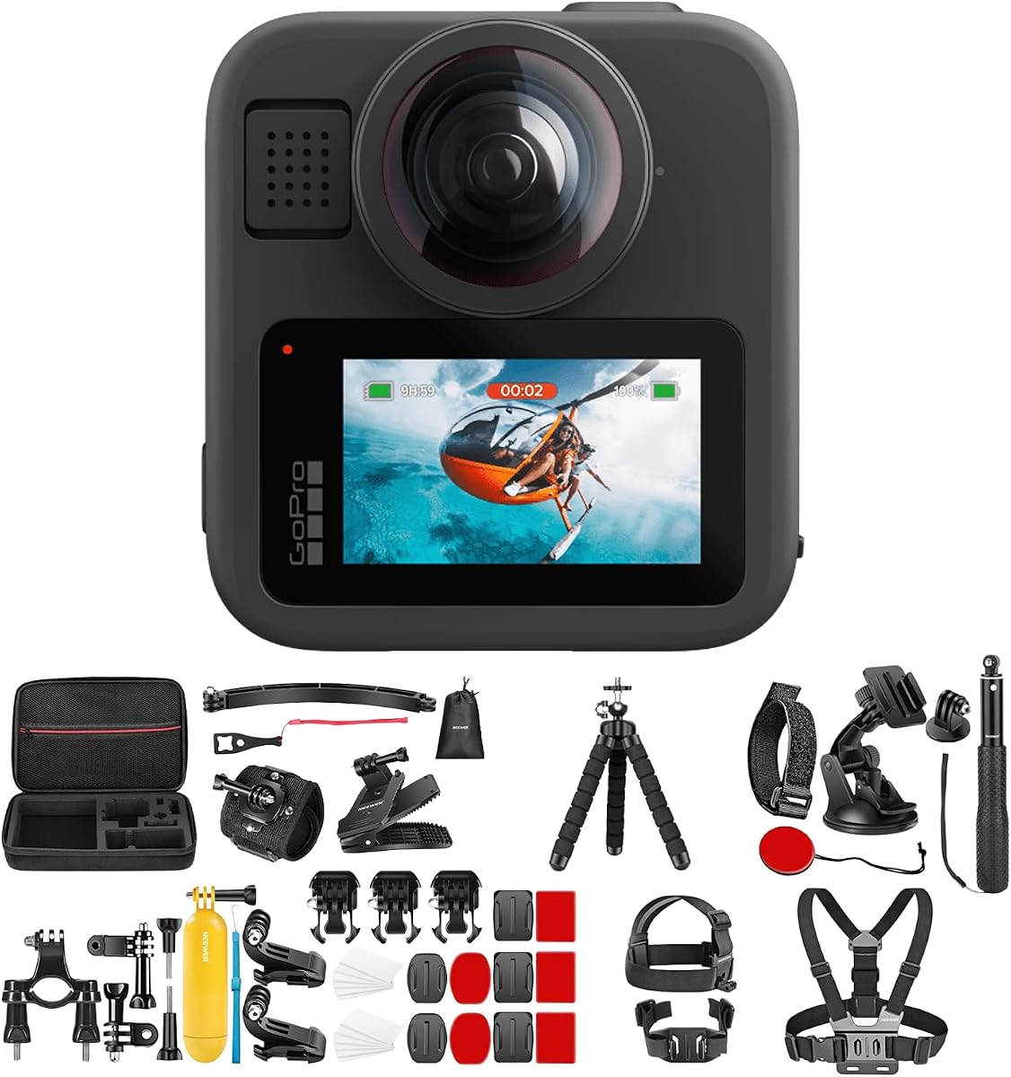 MAX2 360 Waterproof Video Action Camera 8K30 4K60, 50-in-1 Kit, Set | Features HyperSmooth stabilization, Horizon Lock, single-lens video. Includes universal 50-in-1 action camera accessory kit