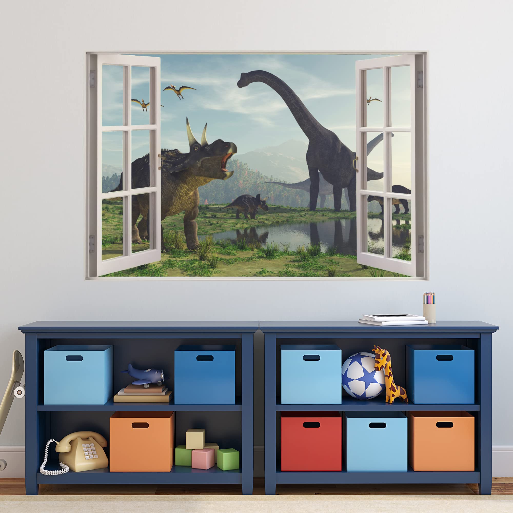 Beautiful Game Multicoloured Dinosaur Wall Sticker Dino Land Window Dinosaur Bedroom Art Decal Mural Kids (120Cm Width X 80Cm Height)