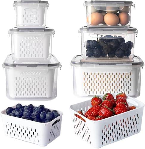 6 recipientes de almacenamiento de frutas para refrigerador con coladores extraíbles, recipiente hermético de almacenamiento de alimentos con tapas,