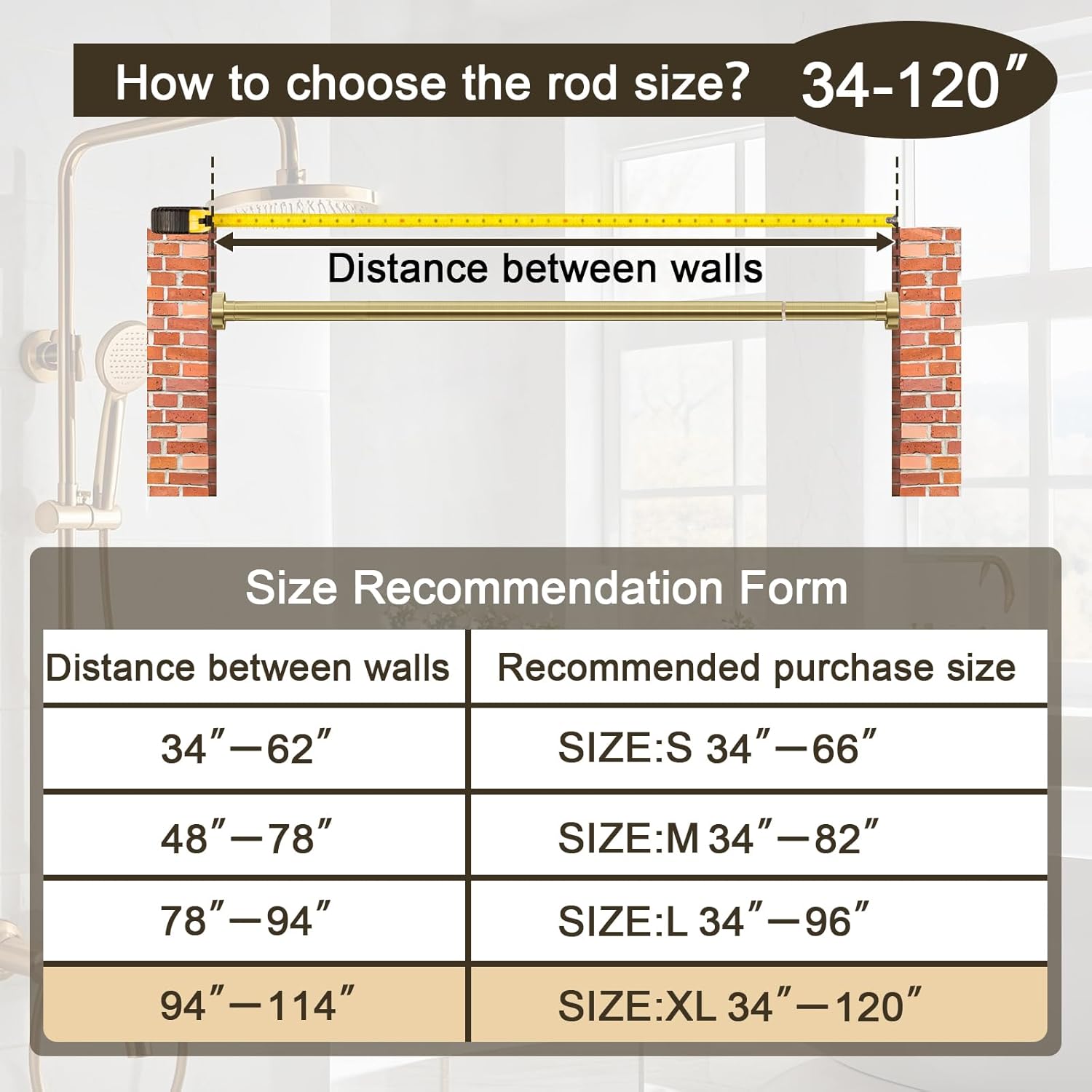 YNL Tension Shower Curtain Rod 34 to 120 In(2.83-10Ft), Long Tension Curtain Rod with 2Pcs Holders, No Drilling for Large Window, Bathroom, Patio, Adjustable Outdoor Curtain Rod, Brushed Gold
