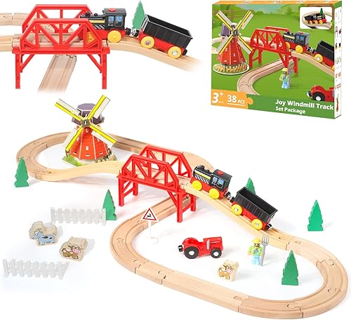 Wdmiya Juego de tren de madera para niños pequeños, 38 piezas de pista de tren de madera para niños, juguete de tren con puente y pistas (se adapta