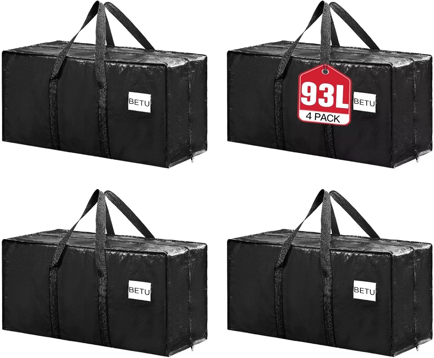 Extra Large Moving Bags Heavy Duty Storage Bags with Zipper Handles, BETU 4 Pack Clothes Storage Totes Bins Packing Moving Boxes, Moving Supplies for College Dorm Essentials, Space Saving, Black