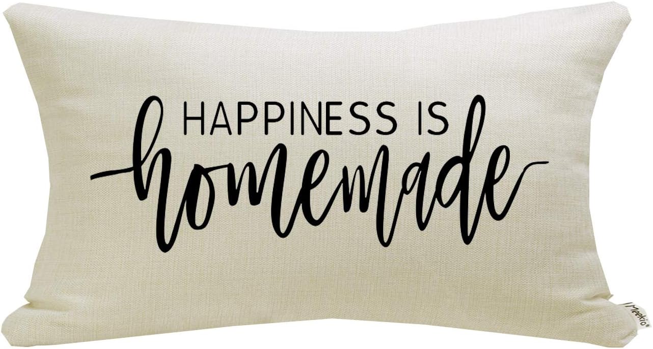 Meekio Farmhouse Pillow Covers with Happiness is Homemade Quote 12 x 20 inch Farmhouse Rustic Décor Lumbar Pillow Covers with Saying Housewarming Gifts Family Room Décor