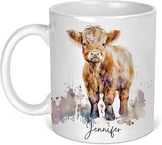 Personlised Watercolour Highland Cow ceramic Mug, Any name ceramic mug for ladies or men, Highland Cow Mug gift, Mug gift for friend, Highland Cow mug, Ceramic Highland Cow Mug D1