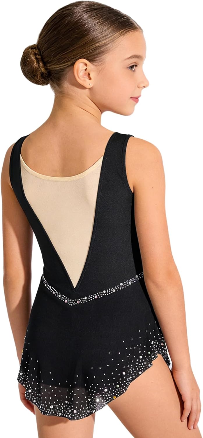 Shinsto Figure Skating Costume for Girls Sleeveless Patchwork Color Block Mesh Leotard Dress