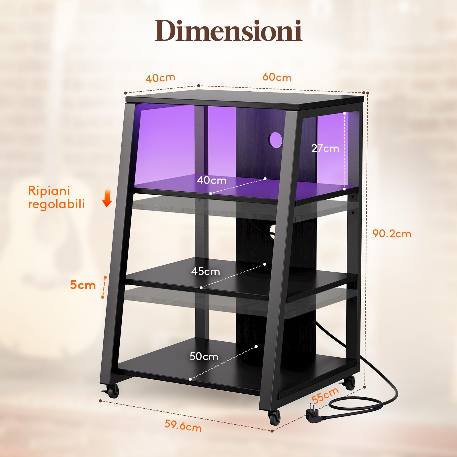 Lifewit HiFi, supporto per giradischi, a 4 livelli, con prese multiple, rack audio con luci a LED, ruote e ripiani regolabili per amplificatore, giradischi, Sky box, stampante, nero